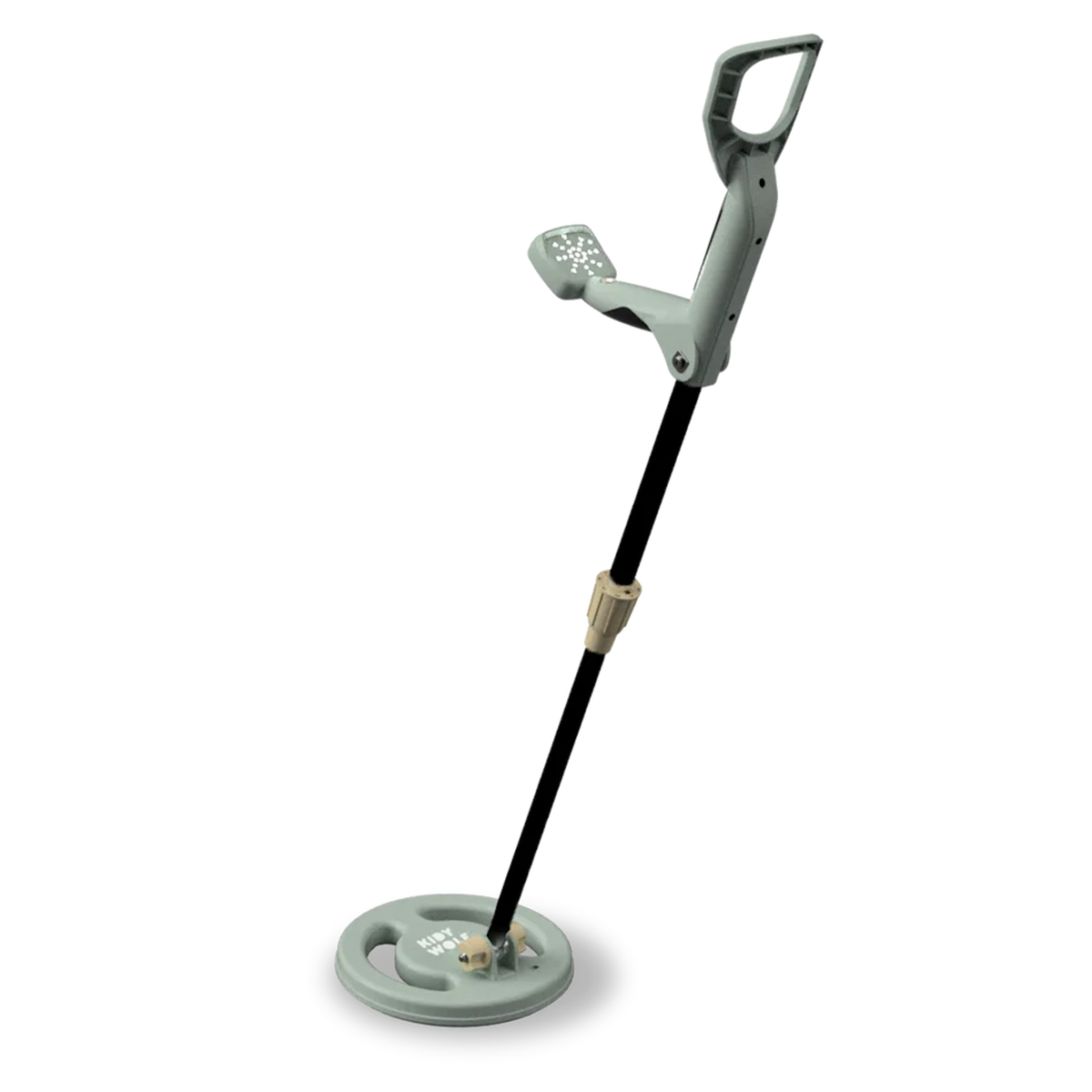 A light green toy metal detector with a black shaft and arm support on a white background.