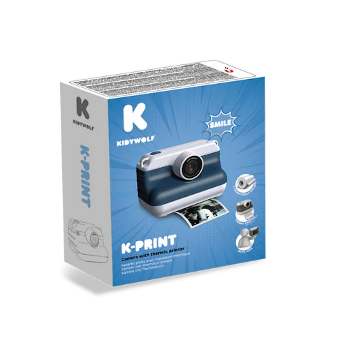 Kidywolf Kidyprint camera packaging for children, featuring the blue instant camera with thermal printer and selfie mode.