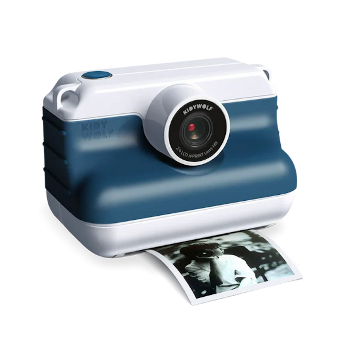 KIDYWOLF KIDYPRINT children's instant print camera in blue and white, showing a black and white thermal photo print.