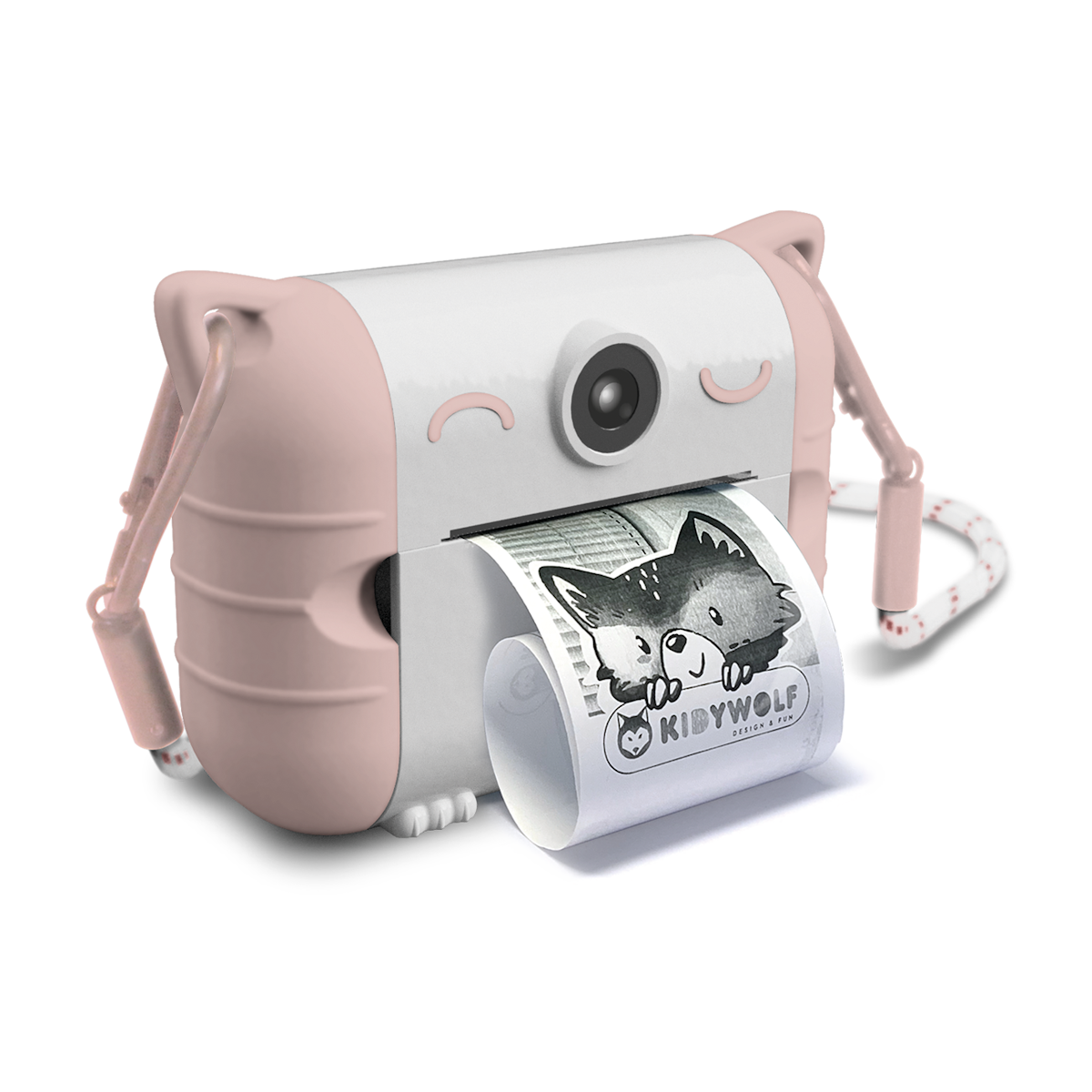 Cute pink and white toy camera with cat ears, printing a black and white photo of a child smiling. The design is playful and whimsical.
