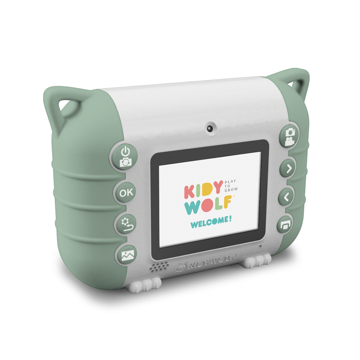 A compact, mint green children's camera with a fun design features a small screen displaying "Kidy Wolf Welcome!" and makes use of playful, rounded buttons.
