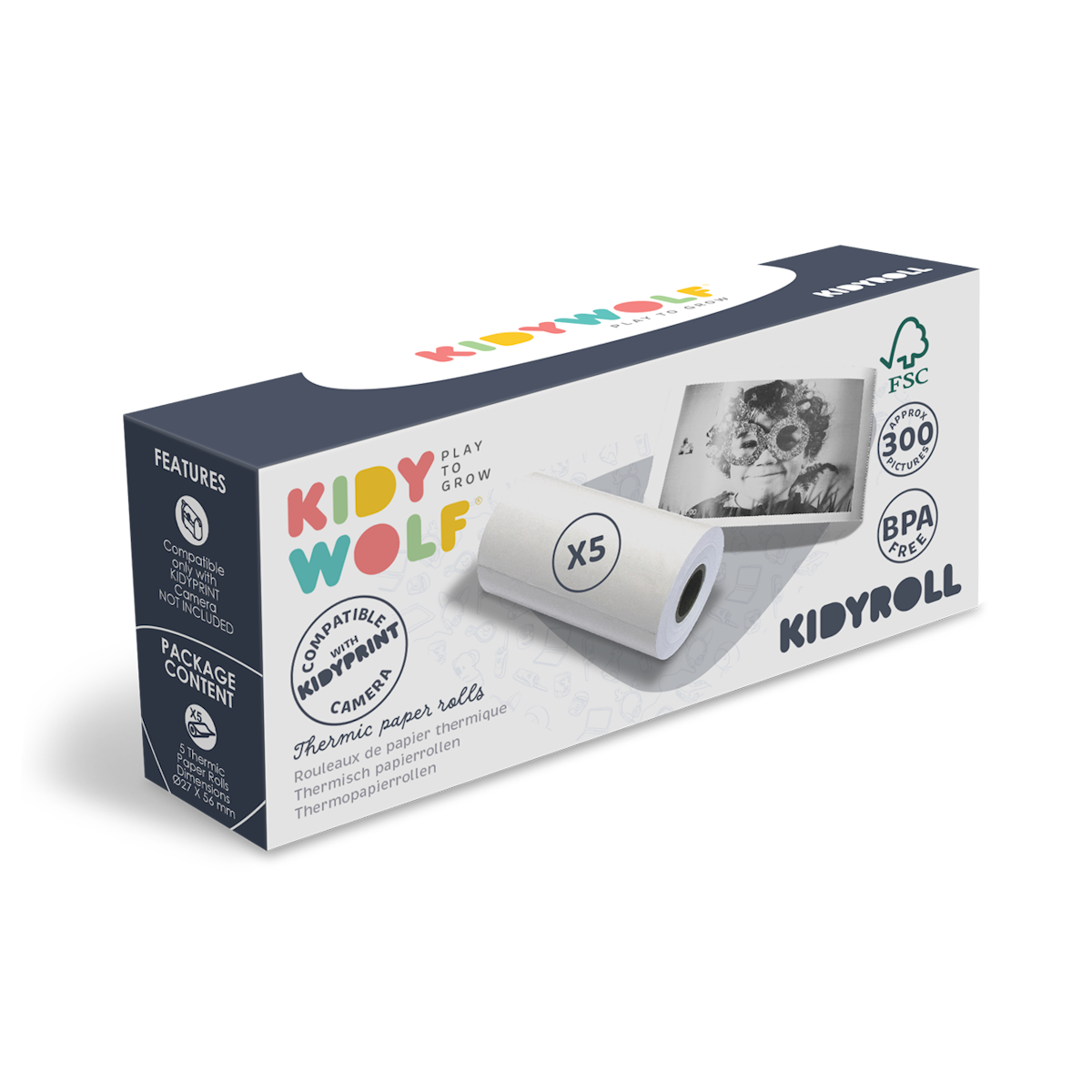 Packaging for Kidy Wolf Kidyroll shows thermic paper rolls, compatible with Kidyprint camera. Includes FSC logo, BPA-free claim, and "300 pictures" text.