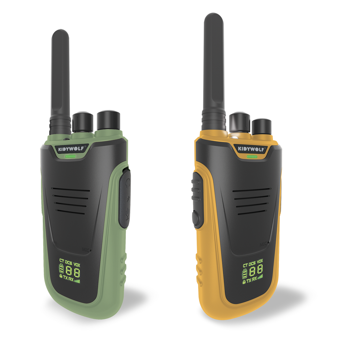 Two walkie-talkies with antennas, a green one on the left and a yellow one on the right, are displayed on a white background. Both show a digital display.