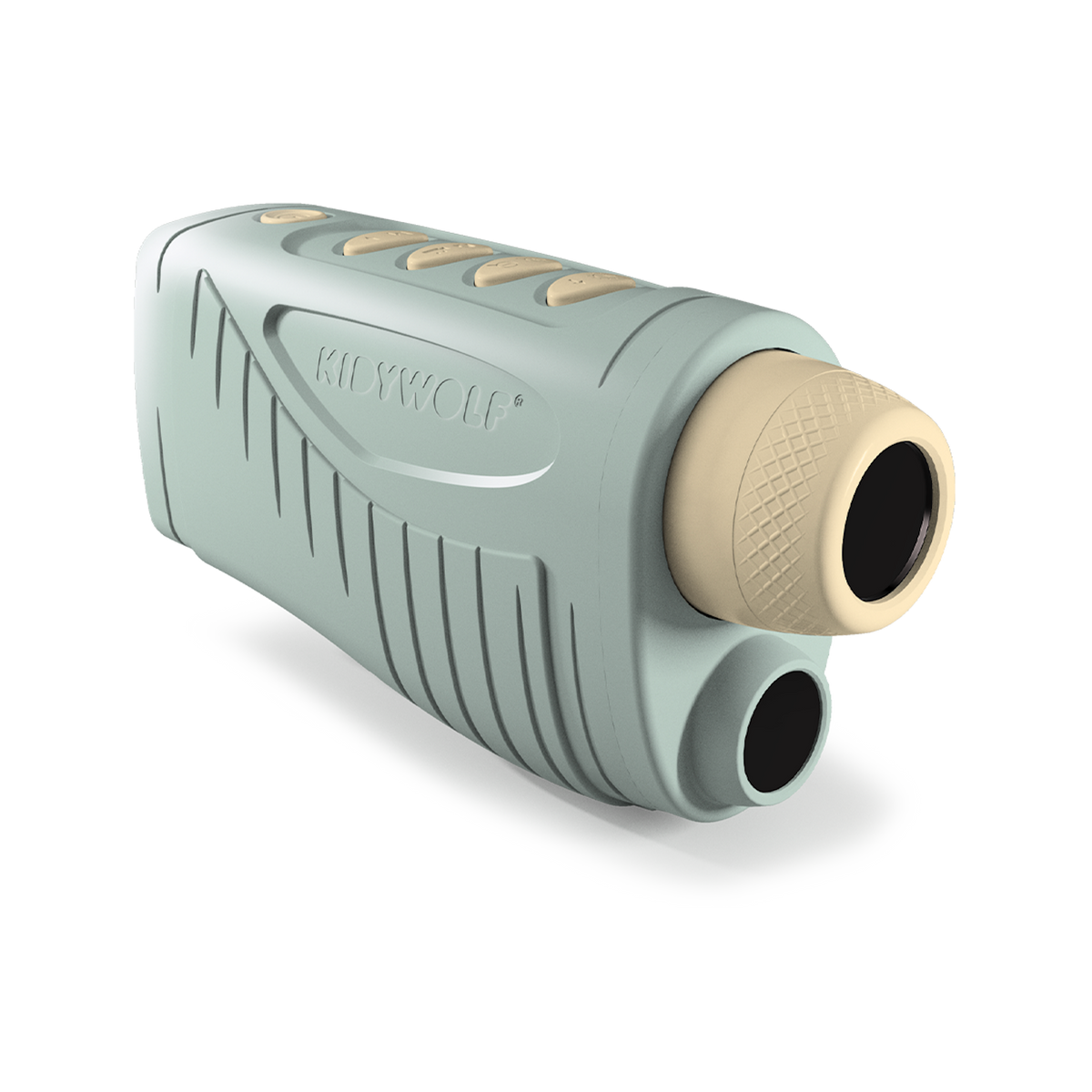 A compact, green and beige binocular device with textured grip and buttons, branded "KIDYWOLF," against a white background. Sleek and modern design.
