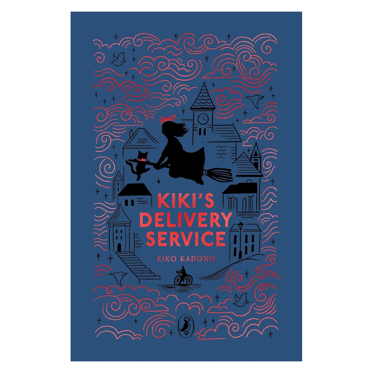 Silhouette of a girl on a broomstick with a cat, flying over whimsical town buildings, surrounded by swirling clouds. Text: "Kiki's Delivery Service."