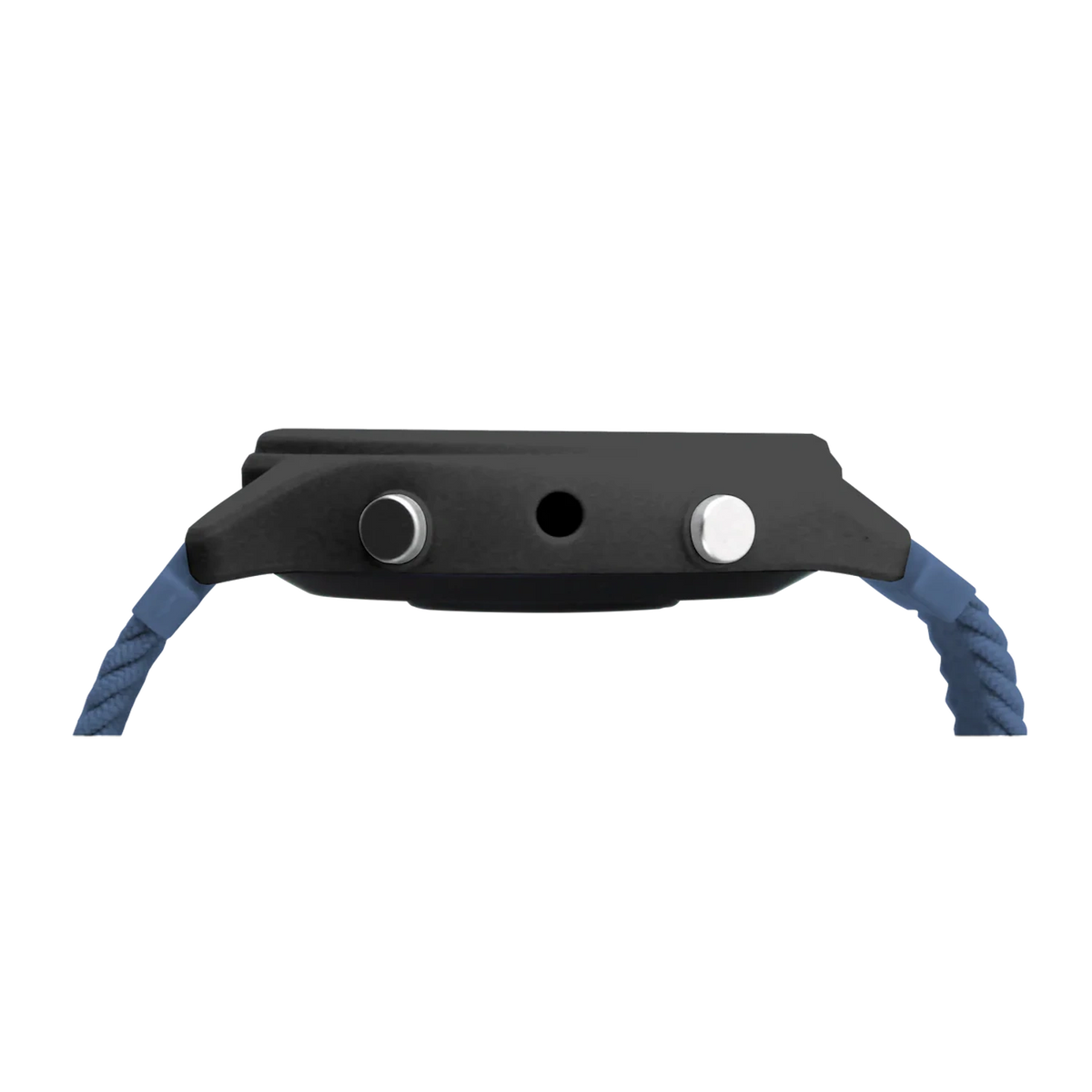 Side profile of a black smartwatch case with two silver buttons and a blue textured strap.