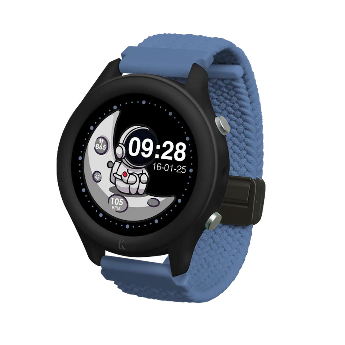 A black smartwatch with a blue braided strap, displaying an astronaut on a crescent moon watch face.