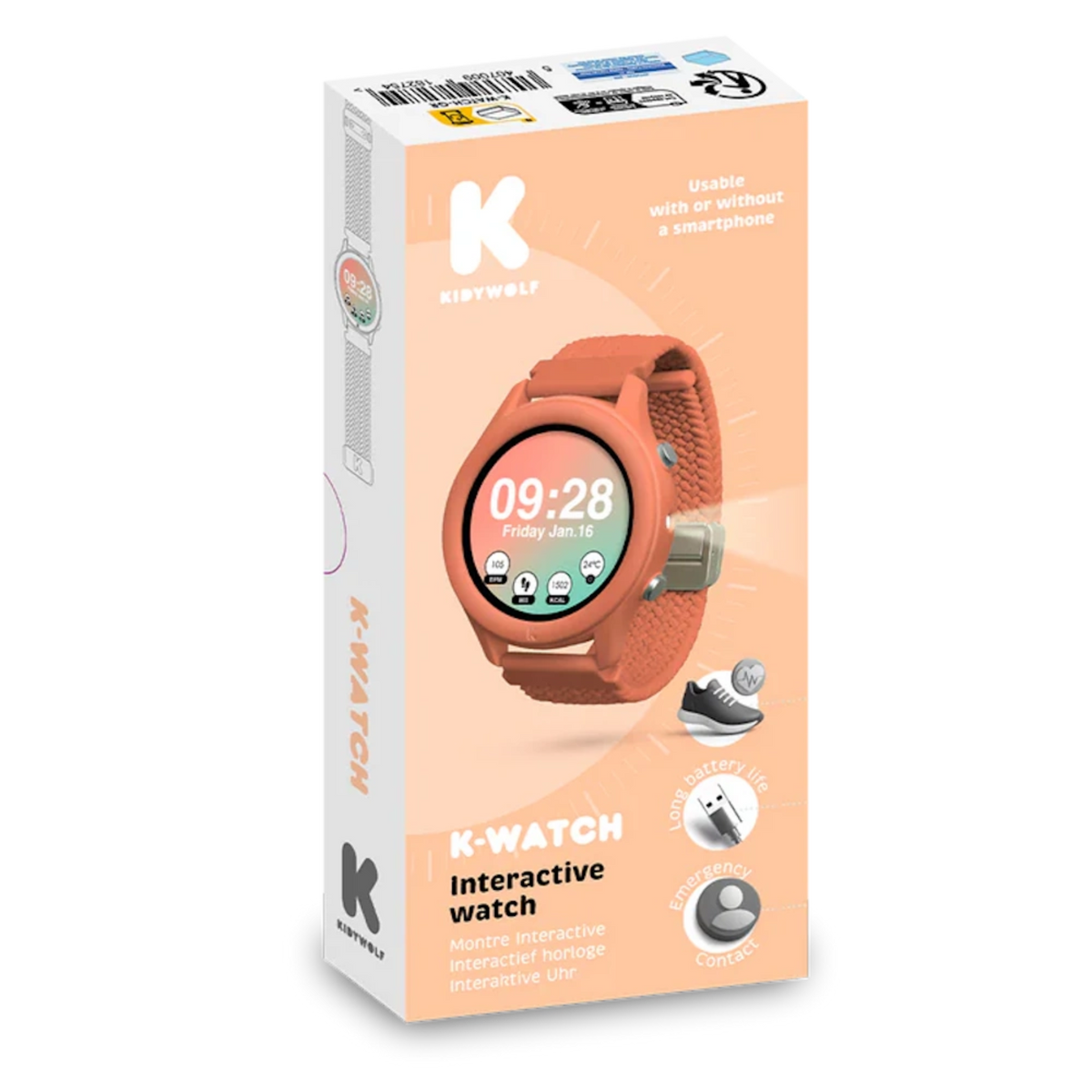 K-Watch interactive smart watch in coral orange packaging box.