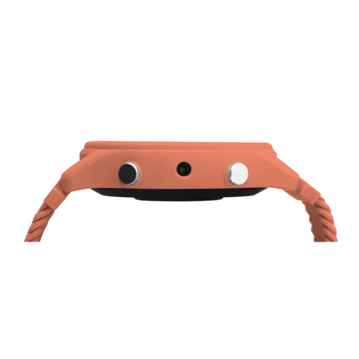 Side profile of a coral-colored smartwatch showing two buttons and a small sensor on the case.