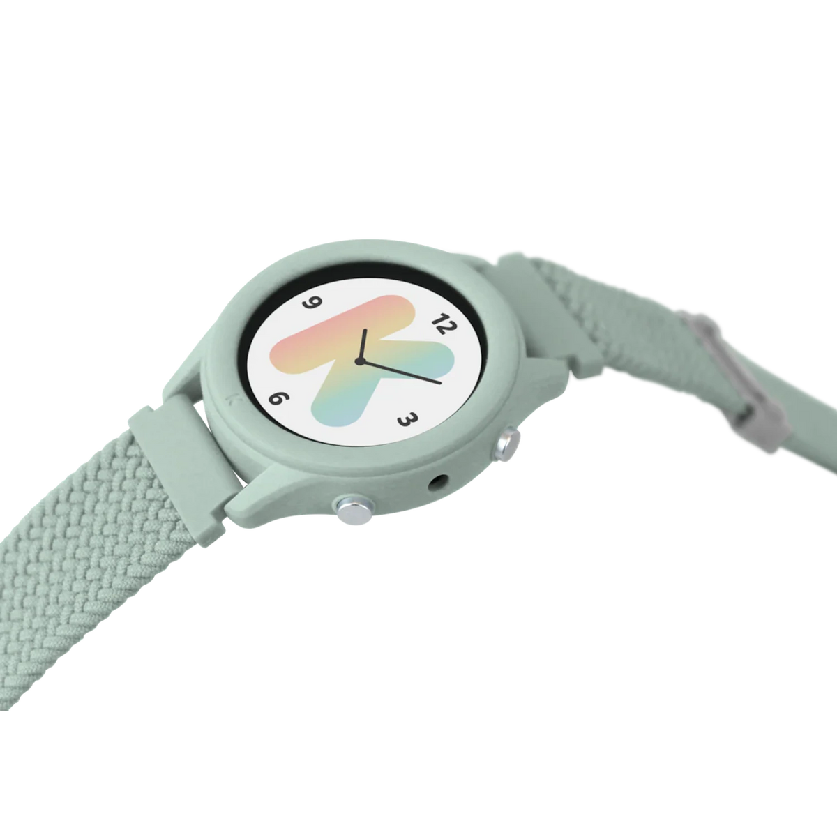 A light green smartwatch with a woven strap and a colorful letter K on the watch face.