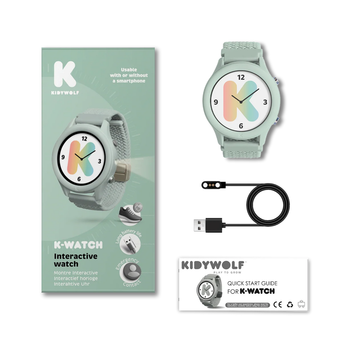 Kidywolf K-Watch packaging set featuring a mint green interactive smartwatch, USB charger, and manual.