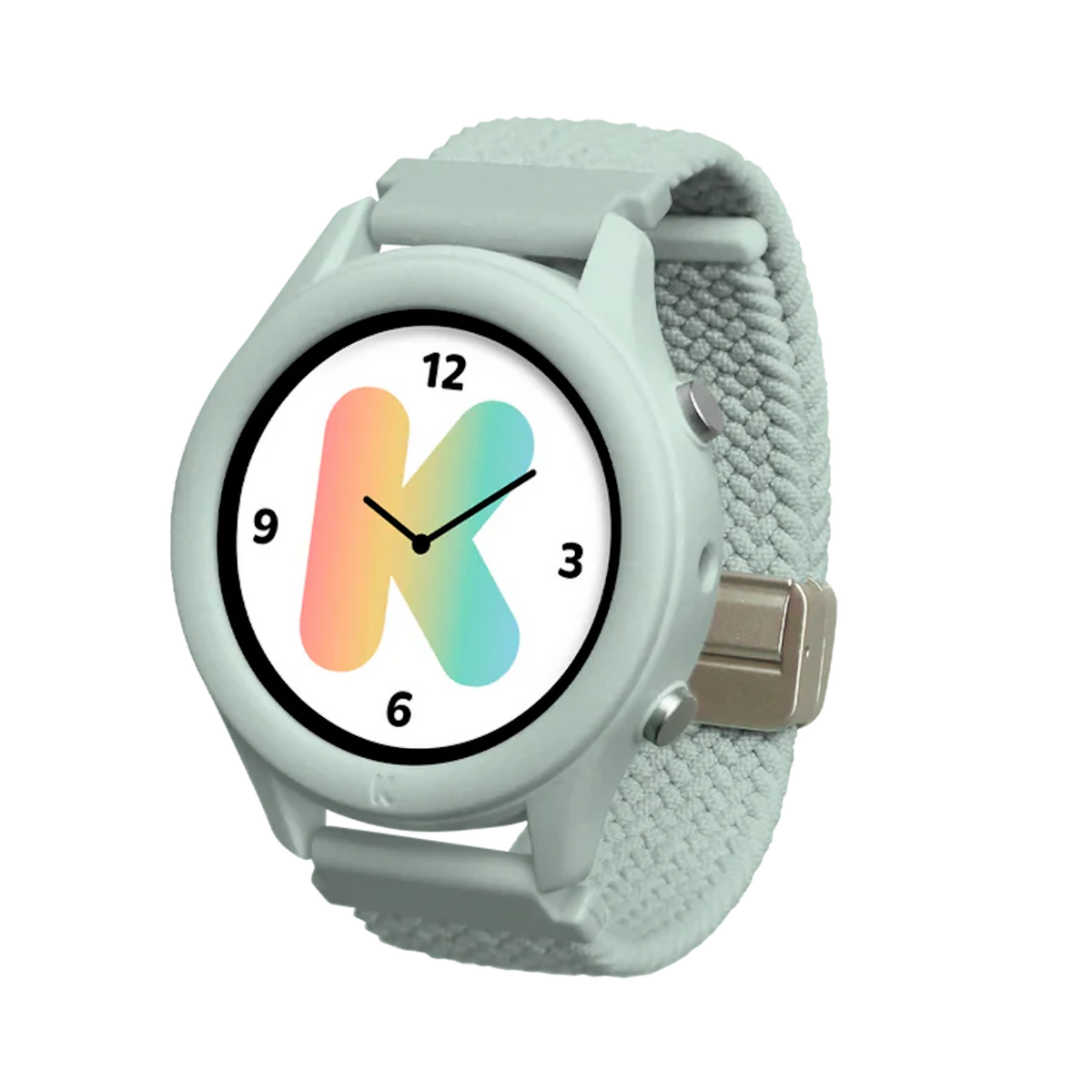 A light green smartwatch with a woven strap and a watch face featuring a colorful gradient letter K.
