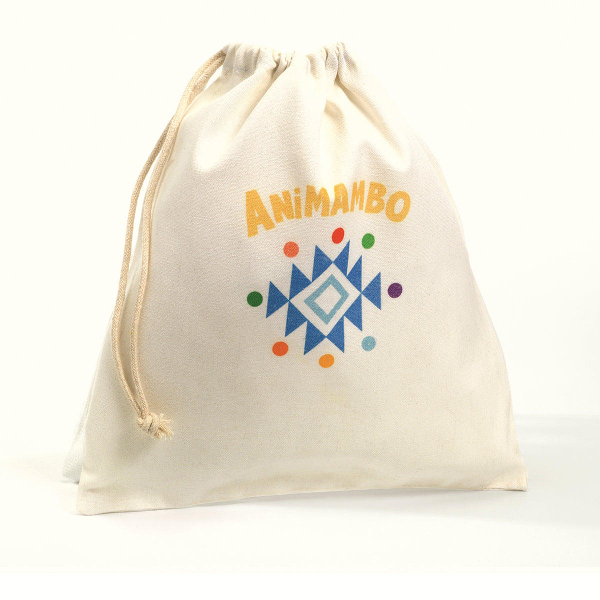 Animambo drawstring cotton toy storage bag with colorful geometric logo and sun design on white background.
