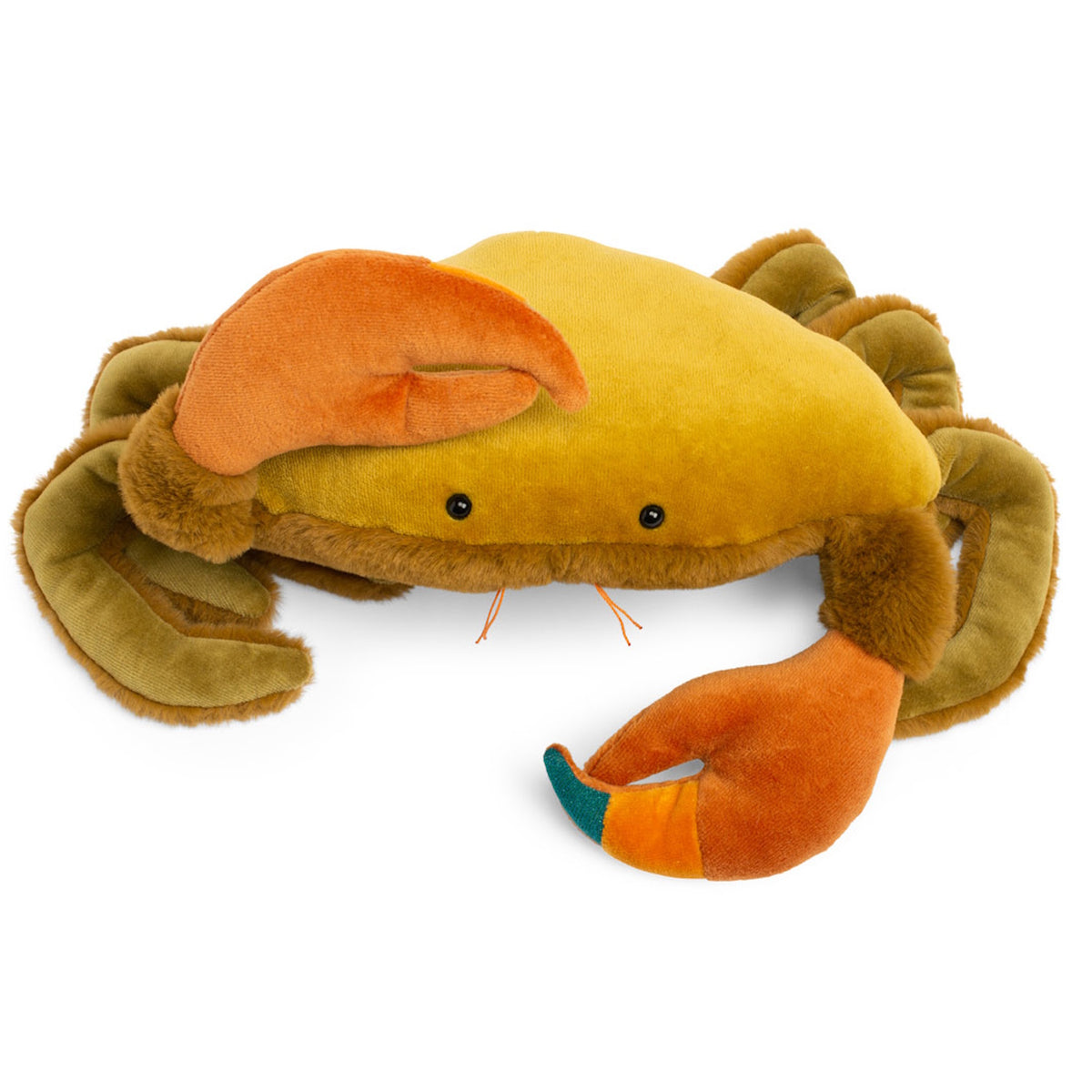 Plush Moulin Roty crab toy with yellow body, orange claws, and soft brown legs, part of the Tout Autour du Monde collection.