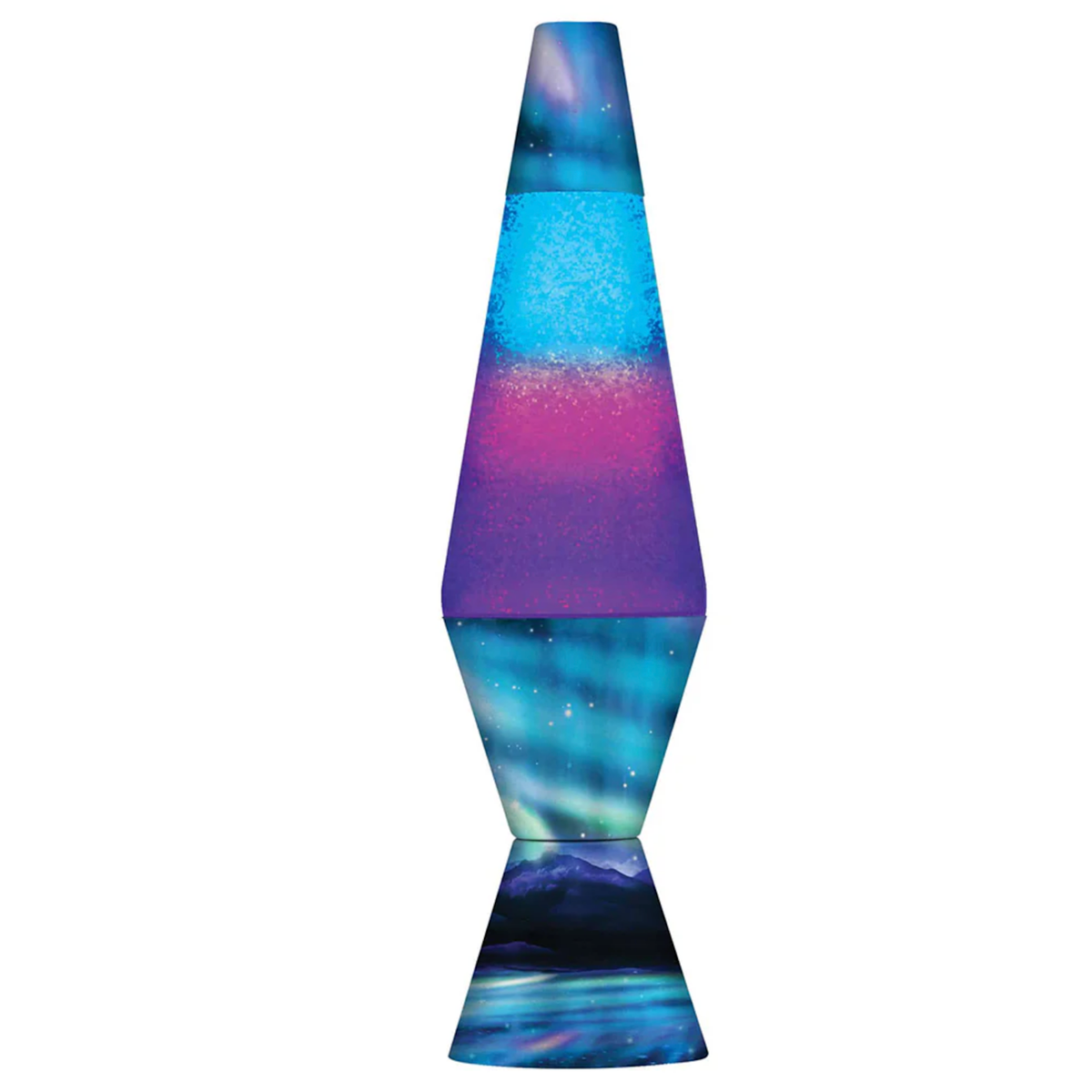 Northern Lights lava lamp with purple and blue glitter wax and an aurora borealis night sky themed base.