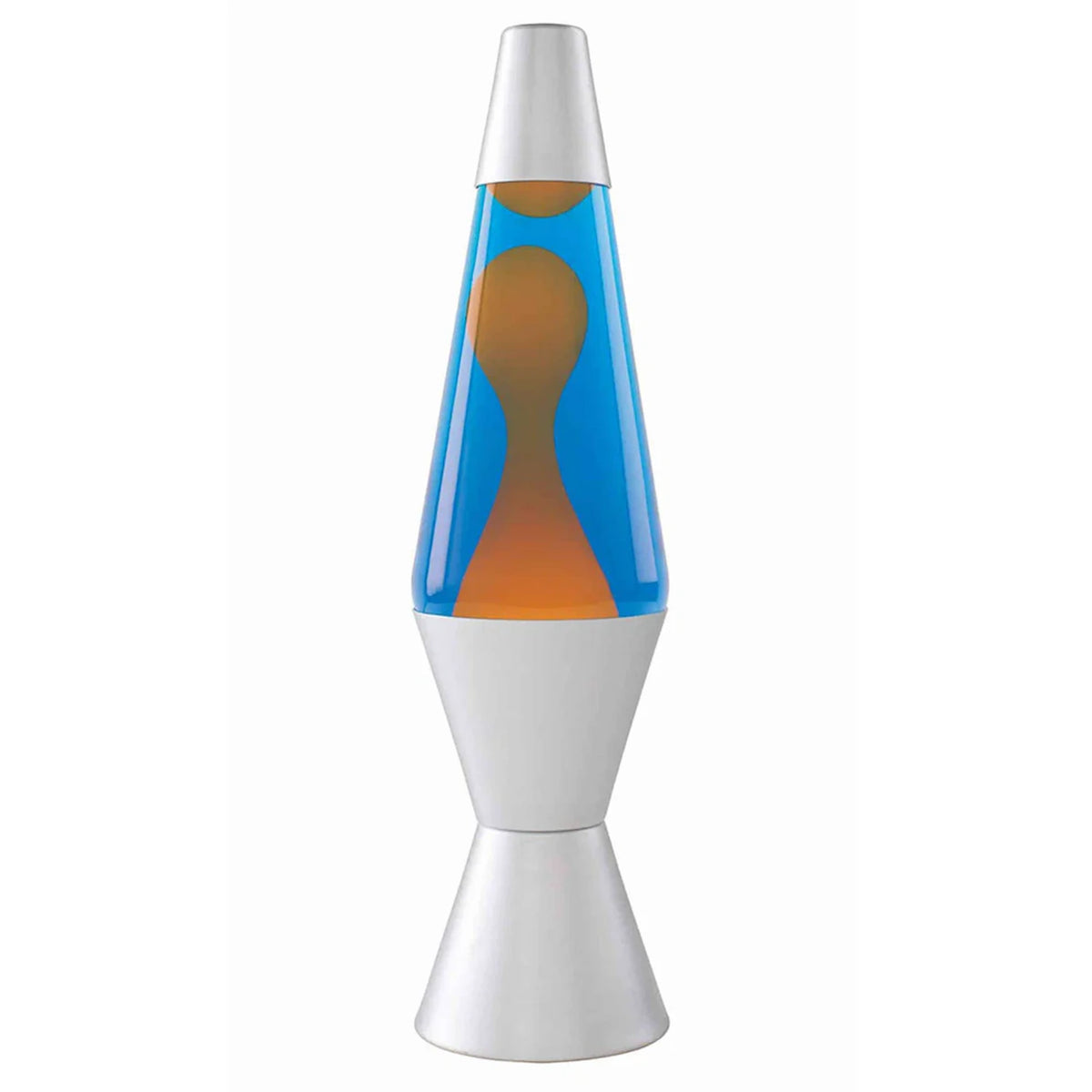 Modern lava lamp with orange wax and blue liquid in a silver metal base on white background.
