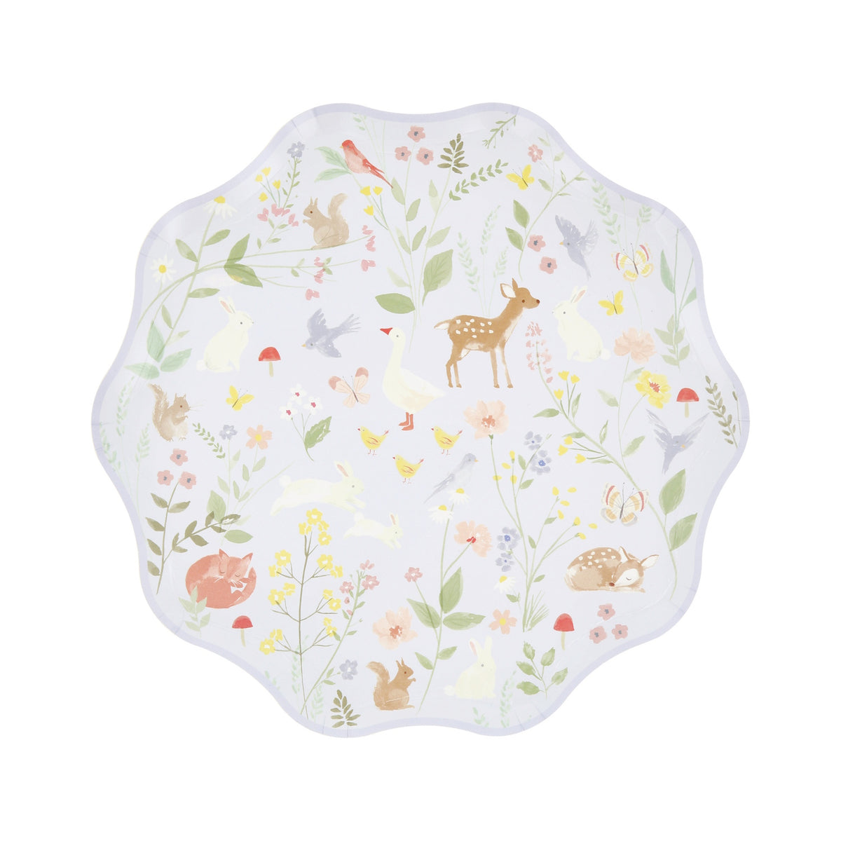 Scalloped paper plate with a watercolor illustration of woodland animals, birds, and wildflowers.