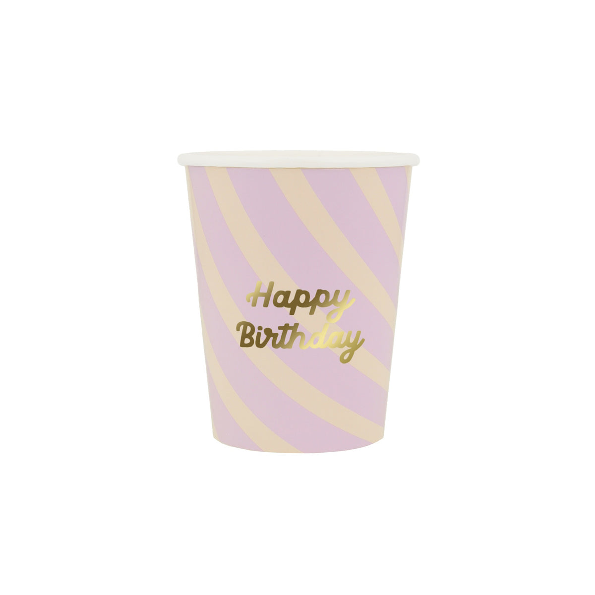 A pink and cream striped paper cup with gold text that reads "Happy Birthday."