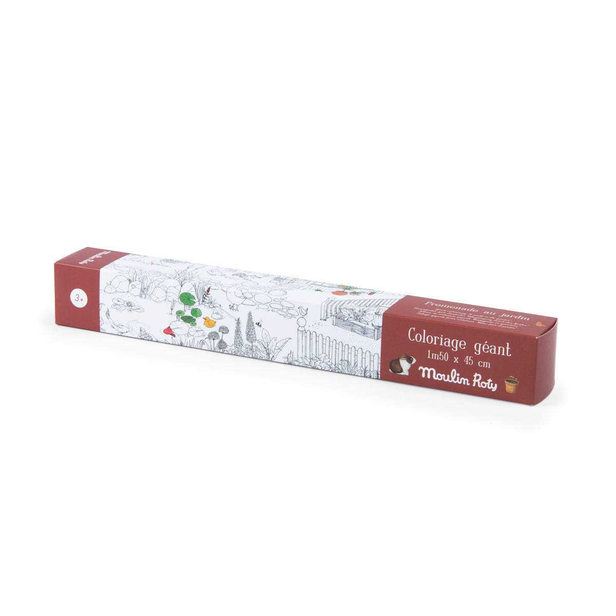A rectangular box of a giant 150x45 cm coloring poster is shown, featuring intricate black-and-white illustrations with touches of color. The box is branded Moulin Roty.