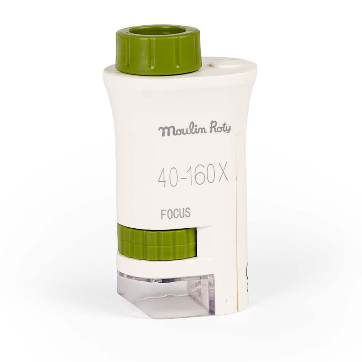 Moulin Roty Le Jardin du Moulin white and green pocket microscope with 40 to 160x magnification and focus dial.