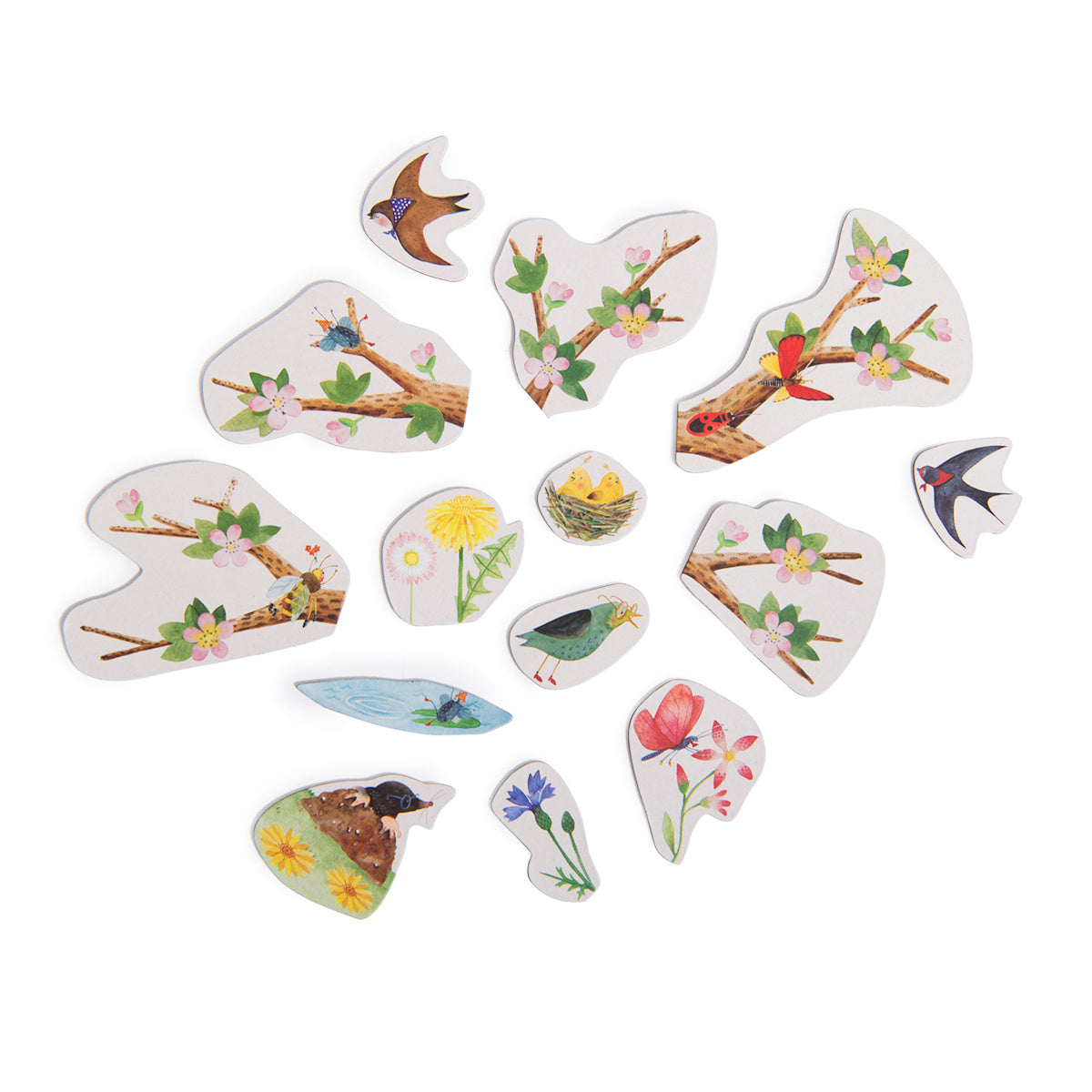 Moulin Roty Le Jardin du Moulin seasons magnetic calendar pieces with spring birds flowers and nature illustrations.