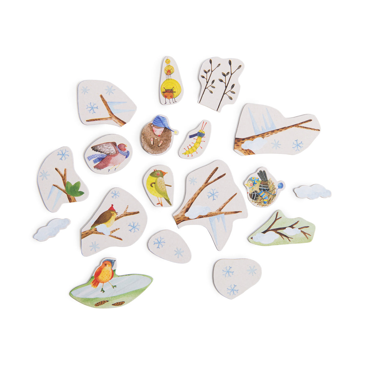Moulin Roty Le Jardin du Moulin seasons magnetic calendar winter pieces with birds snowflakes hedgehog and bare branches.