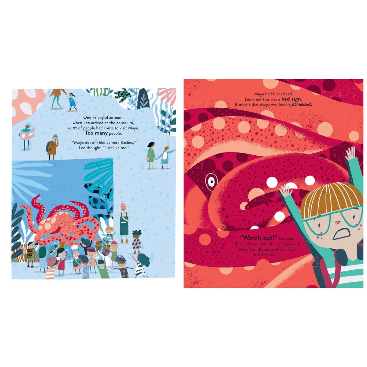 Illustration of Leo at a crowded aquarium looking at Maya the octopus, who turns bright red from stress.