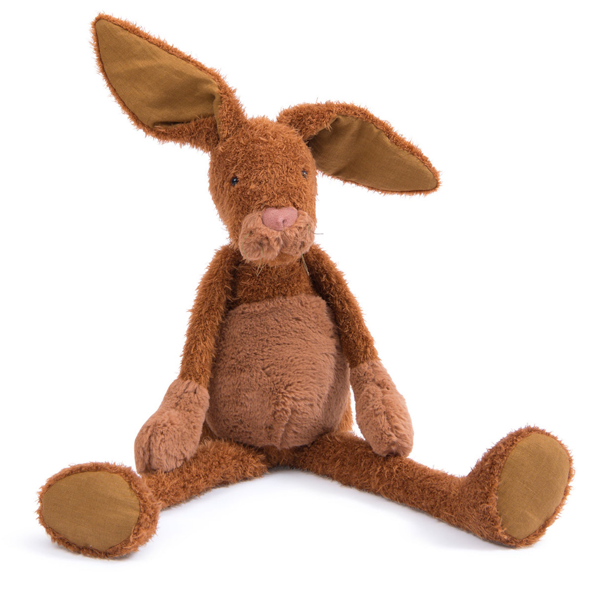 A brown plush rabbit with large, floppy ears and long limbs sitting against a white background.