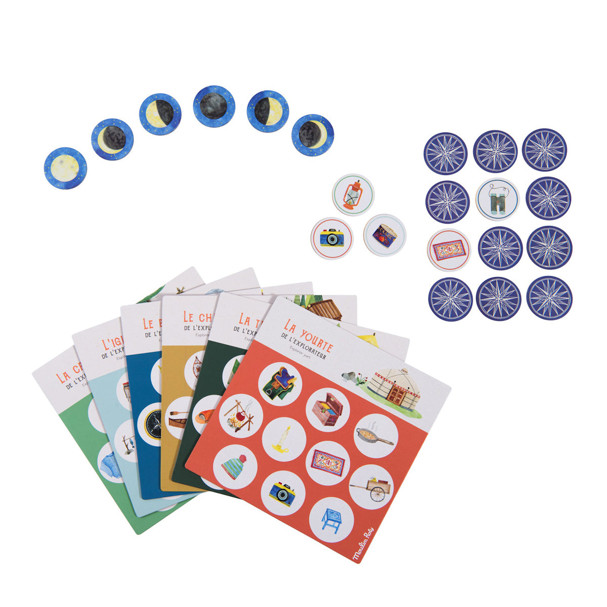 A selection of colorful game cards and circular tokens featuring various illustrated objects, such as the moon phases, cameras, and bicycles, laid out on a white background.