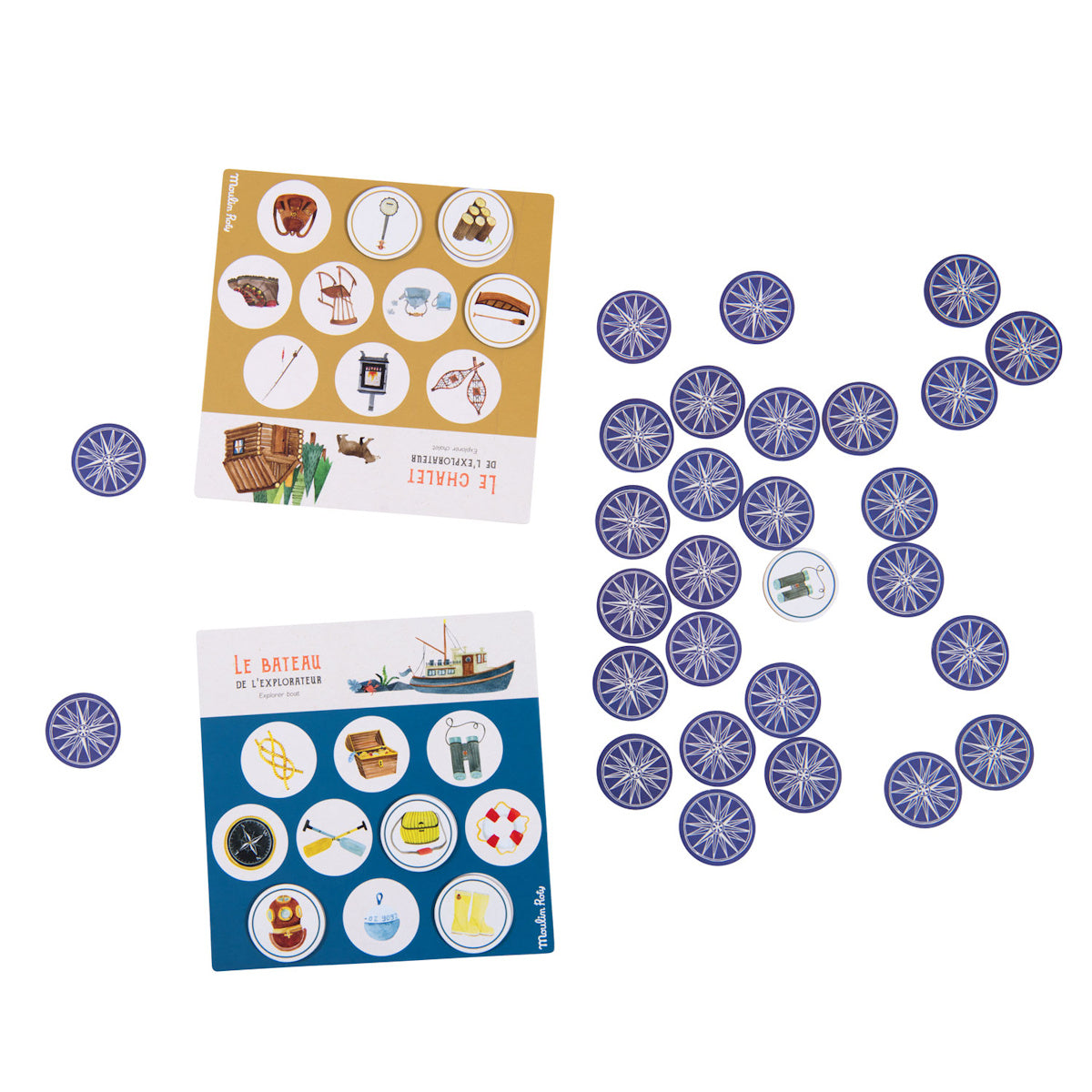 A selection of colorful game cards and circular tokens featuring various illustrated objects, such as the moon phases, cameras, and bicycles, laid out on a white background.