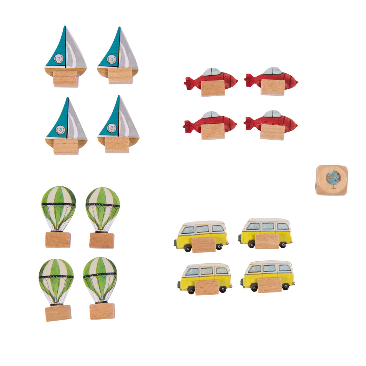 Moulin Roty Les Explorateurs board game wooden pawns set with sailboats hot air balloons planes vans and globe dice.