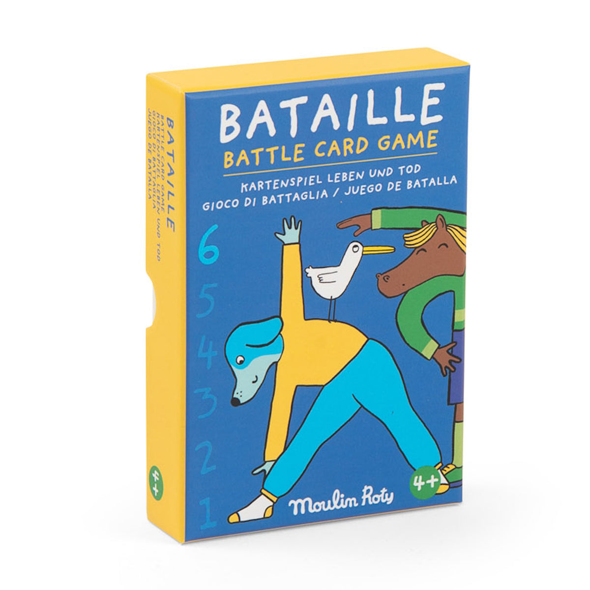 Box for Moulin Roty "Bataille" Battle Card Game featuring colorful illustrations of animals in yoga poses.