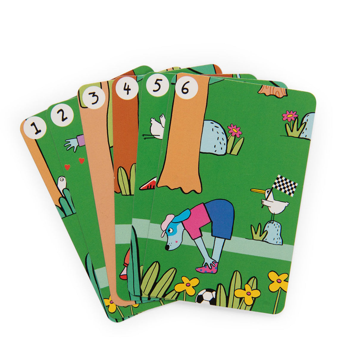 A hand of six numbered illustrated cards showing a blue dog stretching in a green park with flowers and birds.