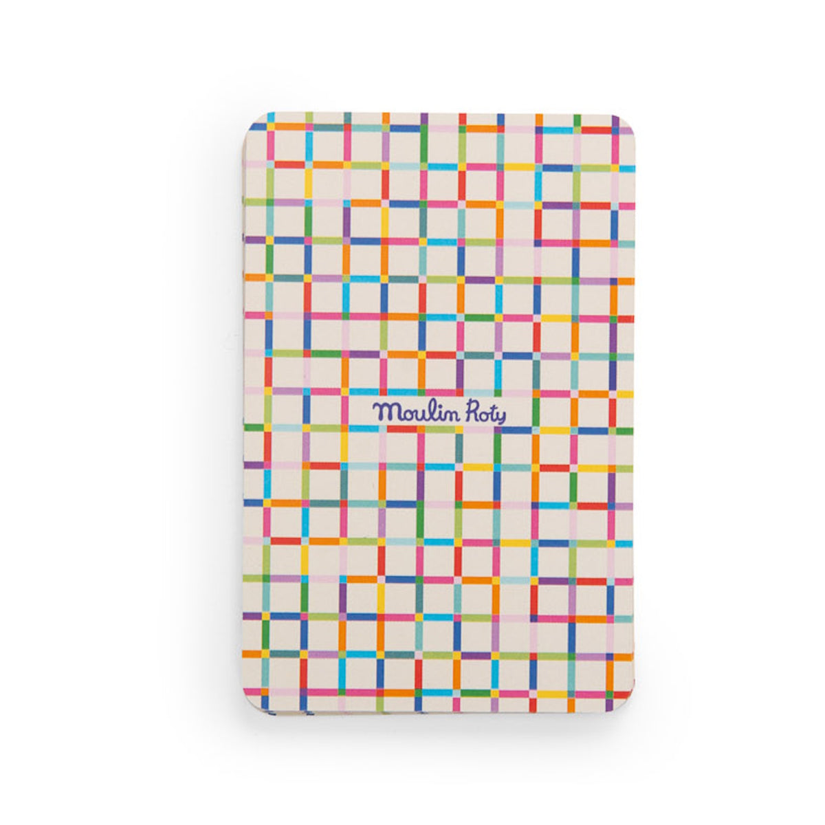 A rectangular card with a colorful grid pattern and the cursive text "Moulin Roty" in a central blue box.