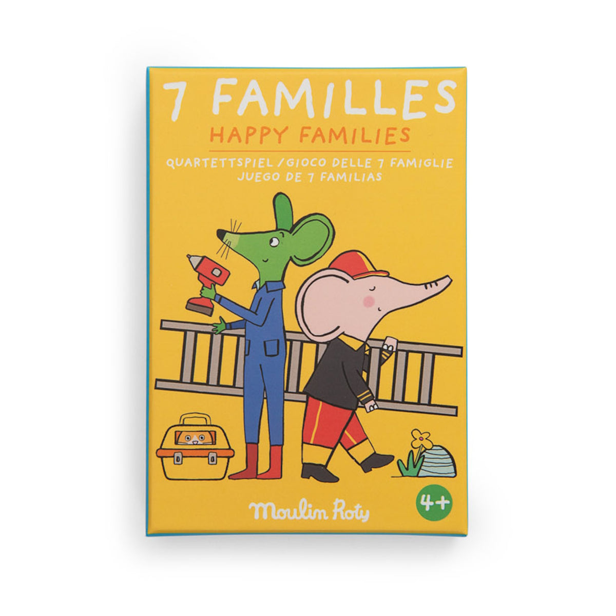 Yellow box for "7 Familles" card game by Moulin Roty, featuring a green mouse and pink elephant in work uniforms.
