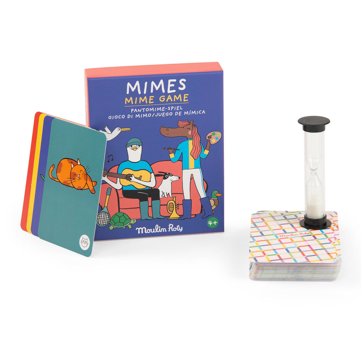 Moulin Roty Mime Game box with a cat card, a deck of cards, and a sand timer on a white background.