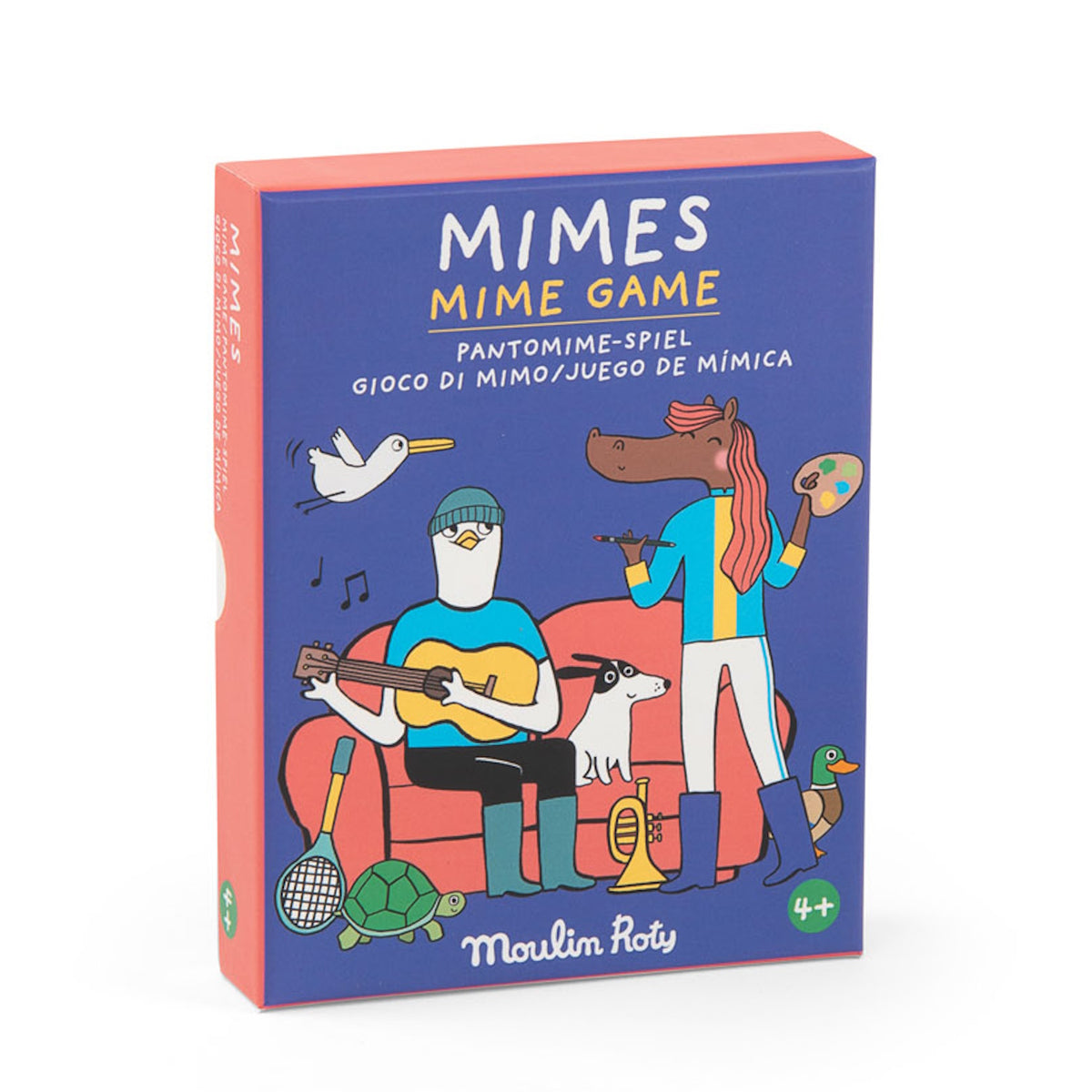 Box for Moulin Roty's "Mime Game" featuring quirky illustrated animals playing instruments and painting.