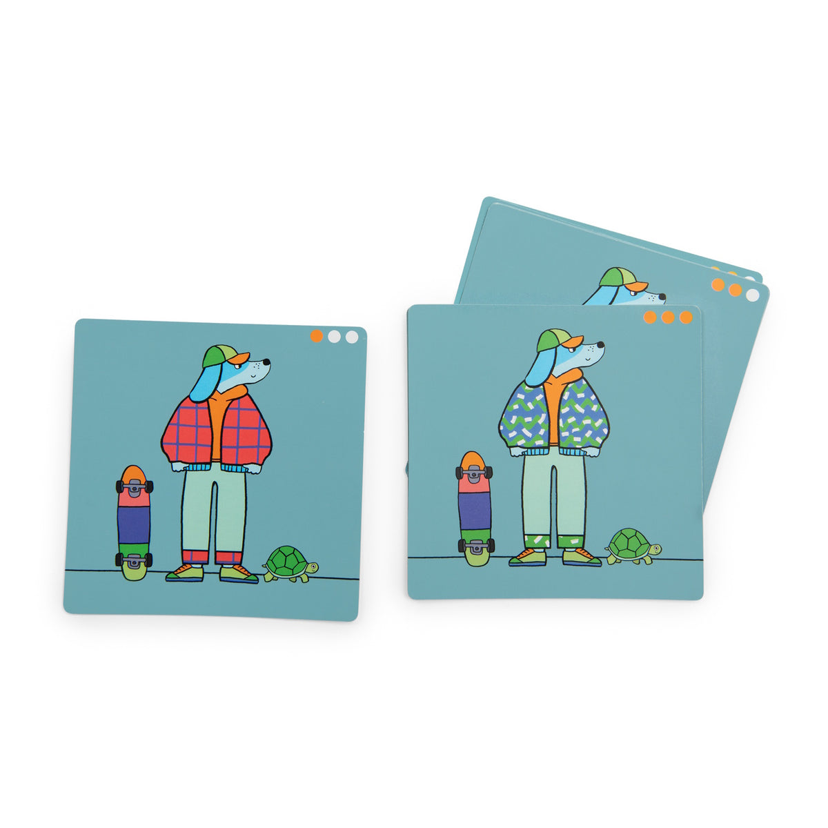 Les Loufoques logic game cards featuring a blue dog character with a skateboard and turtle on a teal background.