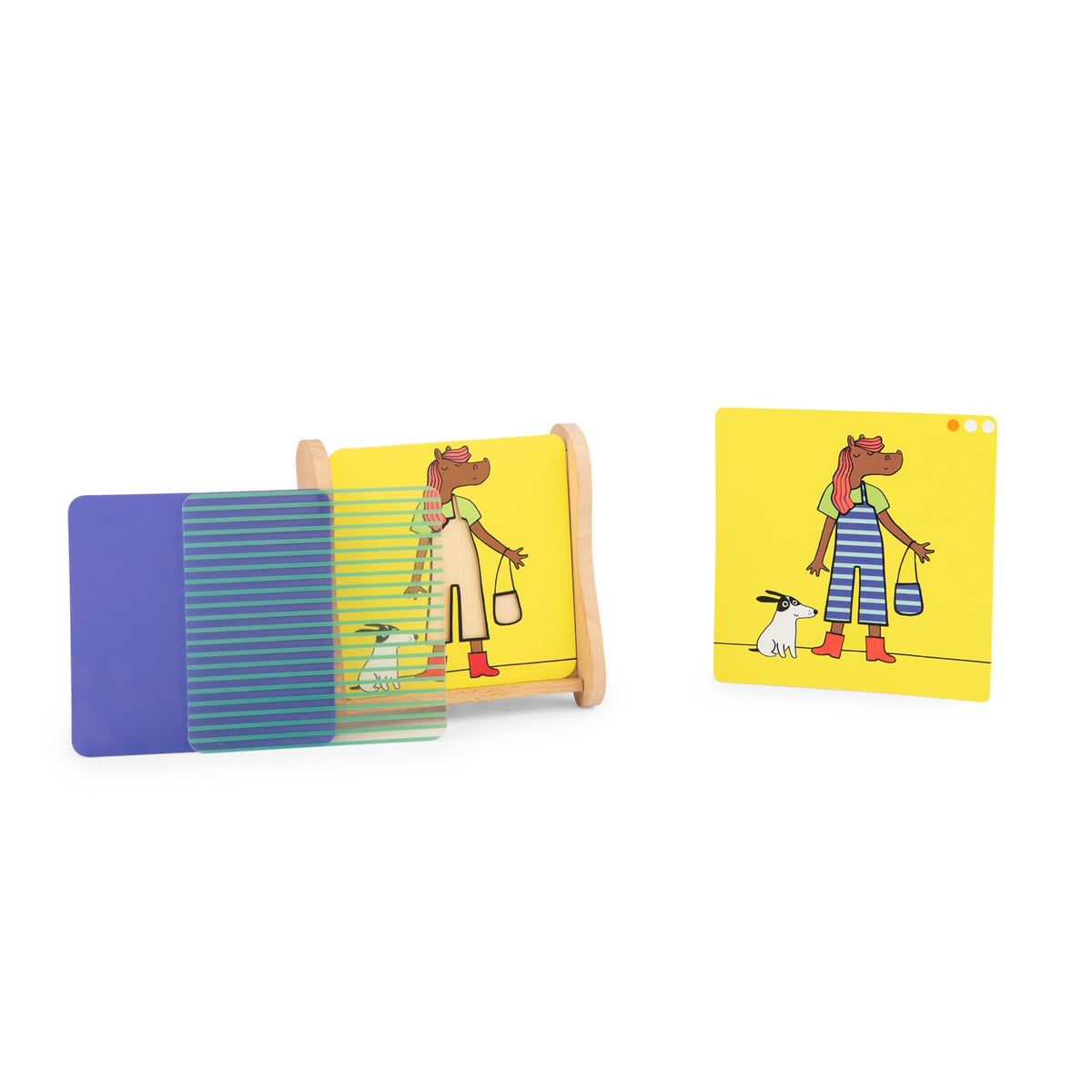 Educational logic game showing how to overlay patterned transparent cards to dress a horse character in a wooden frame.