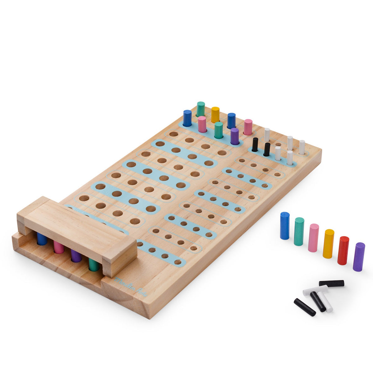A wooden code-breaking board game featuring colorful pegs in holes and extra game pieces scattered on a white surface.
