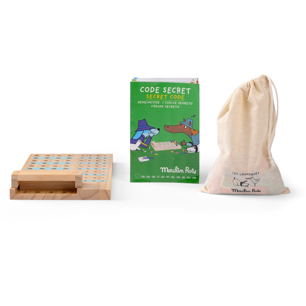 A wooden game board, a green "Secret Code" instruction booklet, and a small cloth drawstring bag on a white background.