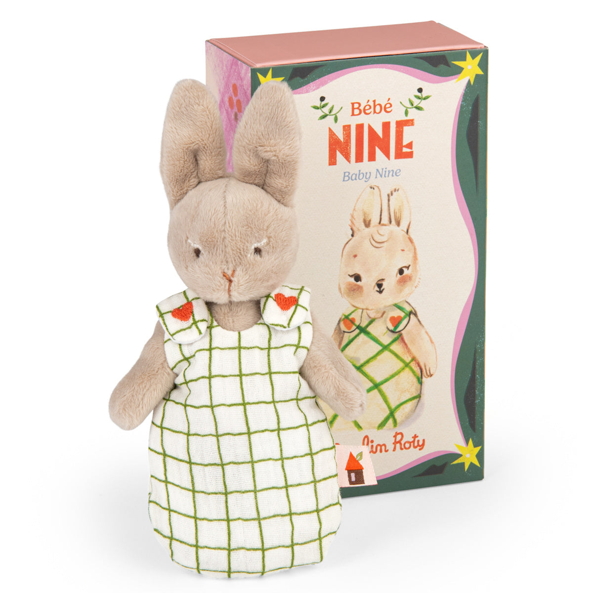 Here's a suitable alt text for the image:
"Plush bunny toy in a white and green checkered dress with heart details, standing in front of a matching decorative box labeled 'Bébé Nine'."