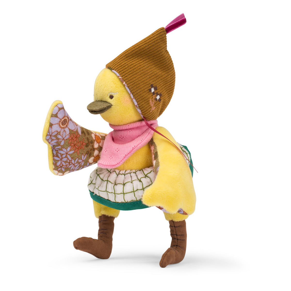 Les Minouchkas Rita the Duck plush toy wearing a brown hood, pink scarf, and floral patterned wings.