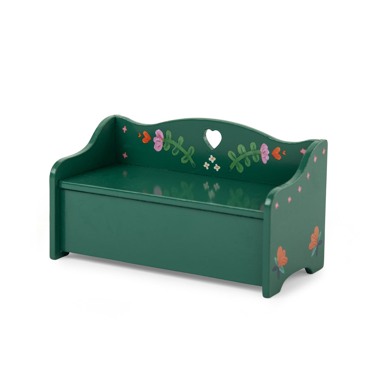 Green toy wooden bench with floral details and heart cutout.