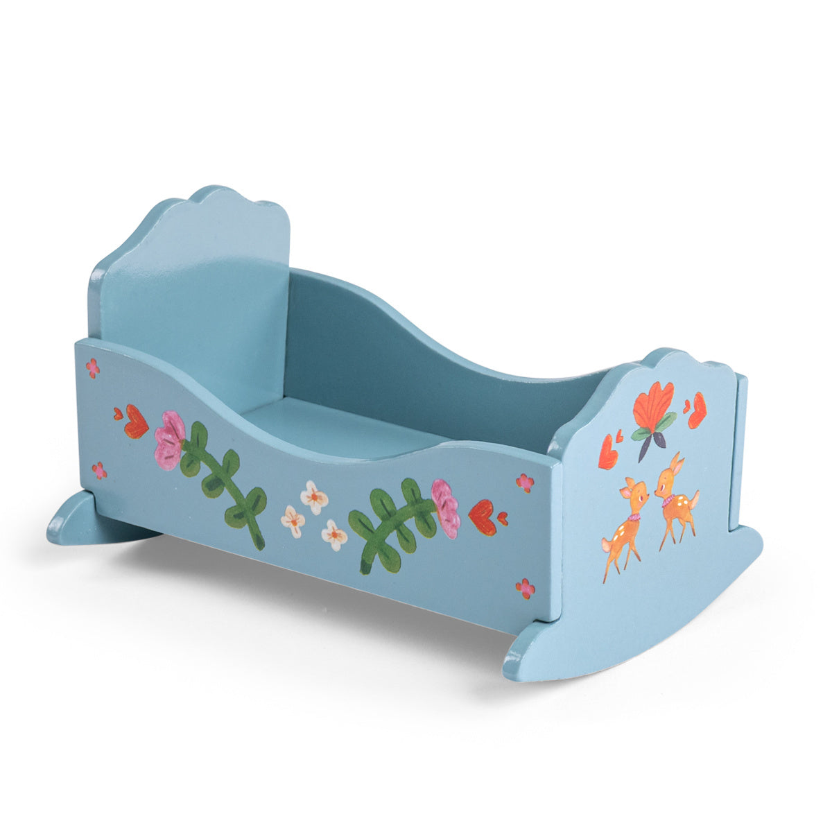 Blue wooden doll cradle toy with floral painted details and little deer illustrations on a white background.
