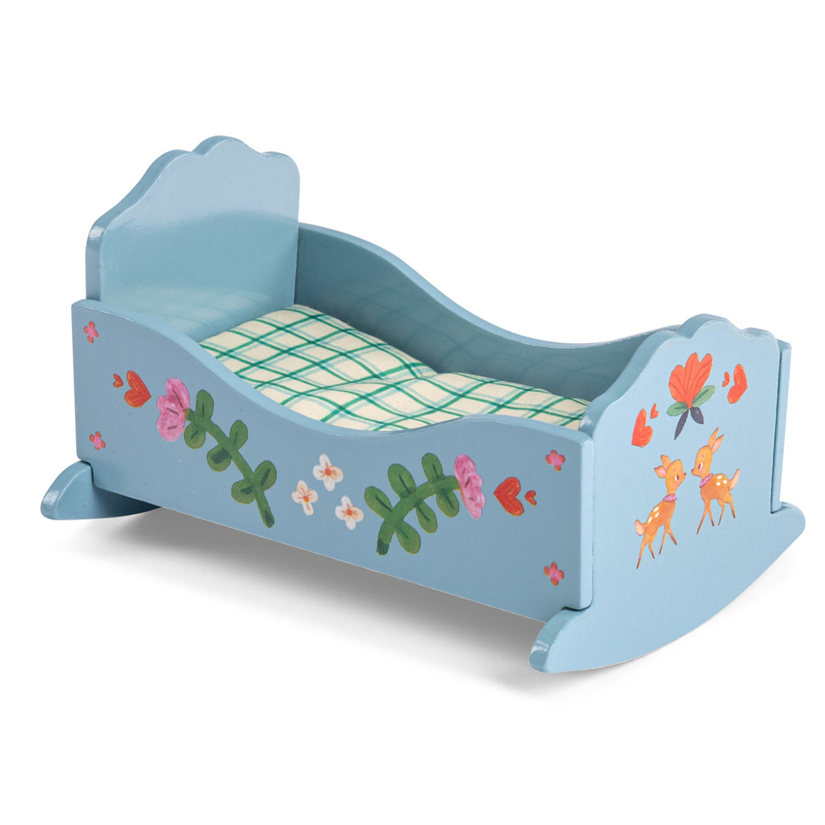 Blue wooden toy cradle with painted flowers and deer for Les Minouchkas dolls, featuring plaid bedding.