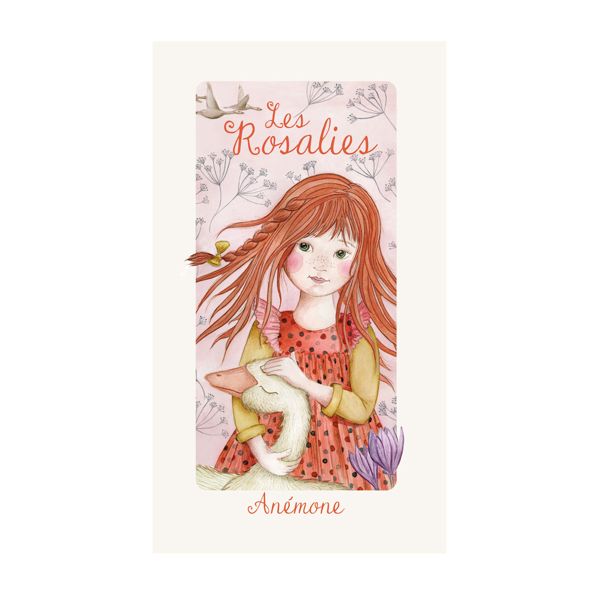 Moulin Roty Les Rosalies Anemone rag doll packaging illustration with red-haired girl holding white goose.