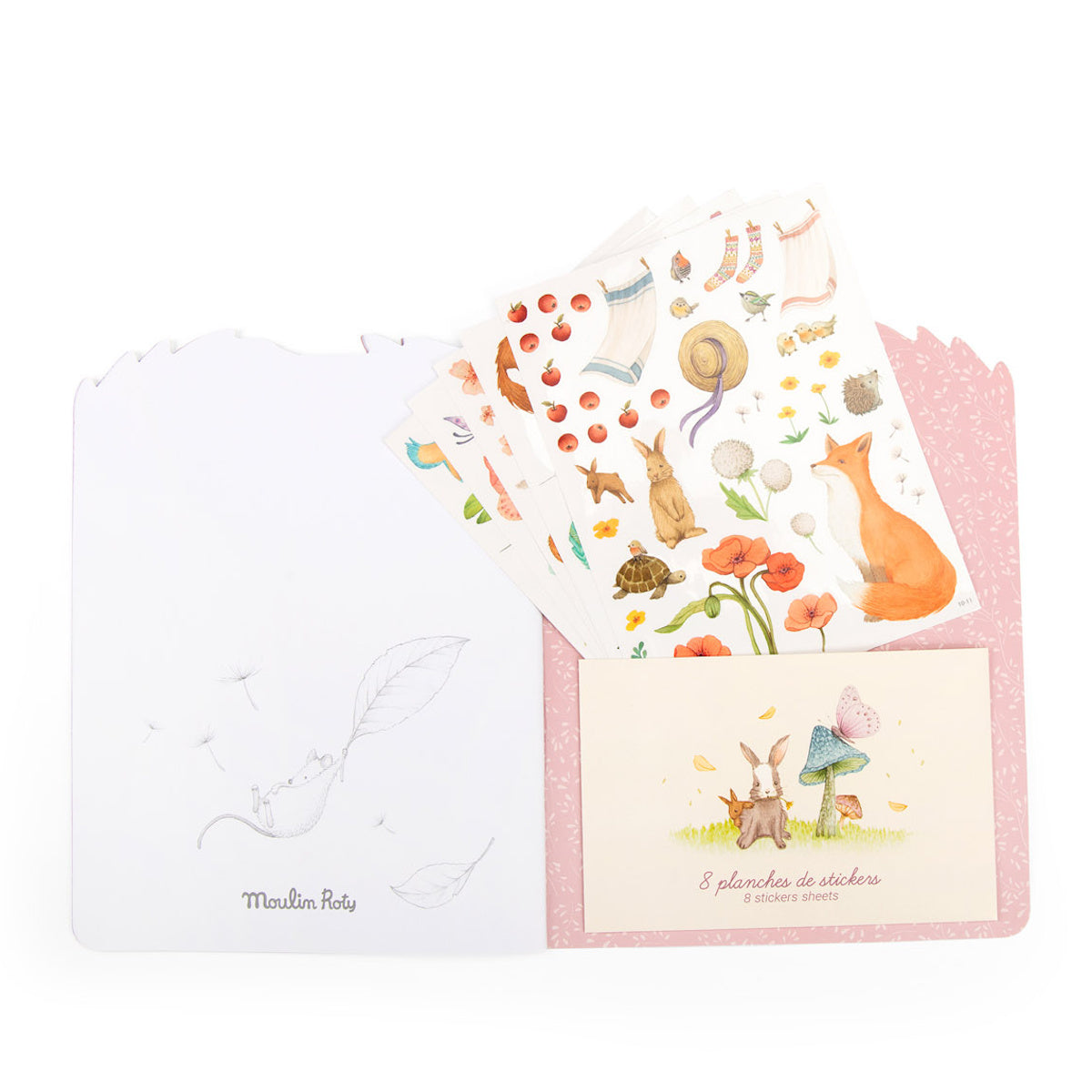Moulin Roty Les Rosalies sticker sheets with fox, rabbit, and nature illustrations in a pink folder.