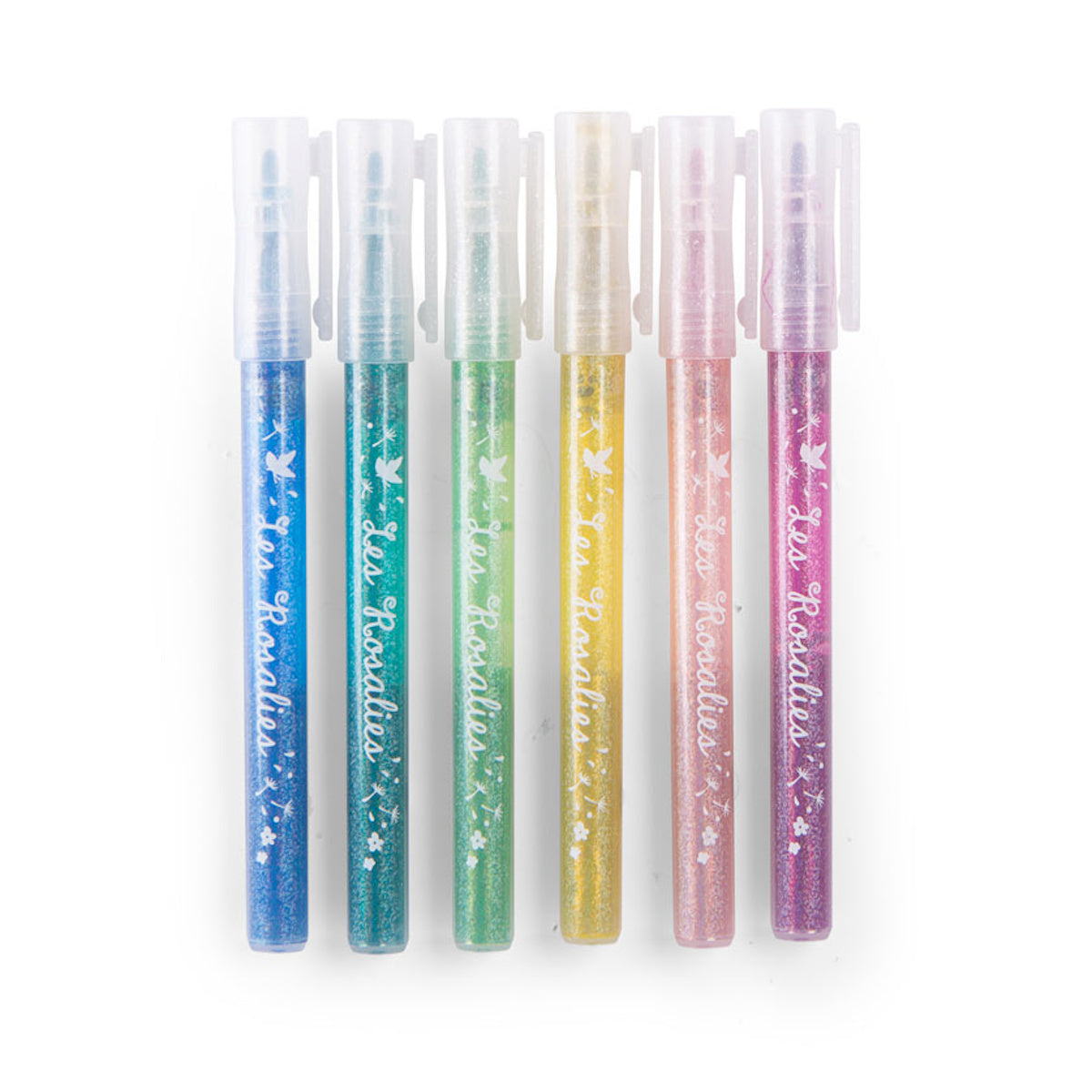 Six Les Rosalies glitter felt pens lined up in blue, teal, green, yellow, pink, and purple.