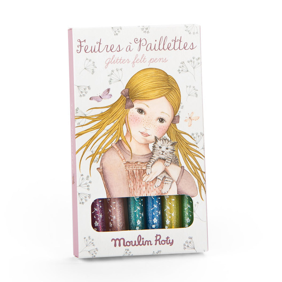 Moulin Roty Les Rosalies glitter felt pens box featuring an illustration of a girl holding a kitten.